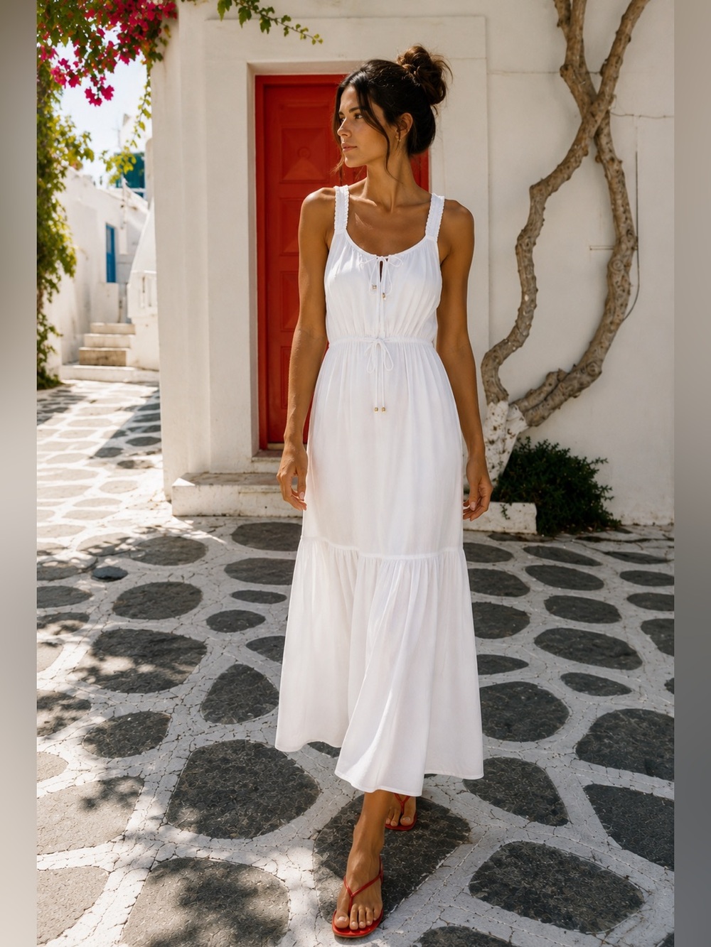 NWT Zara White Cotton Panel Midi Dress Beaded Waist and Collar Drawstring